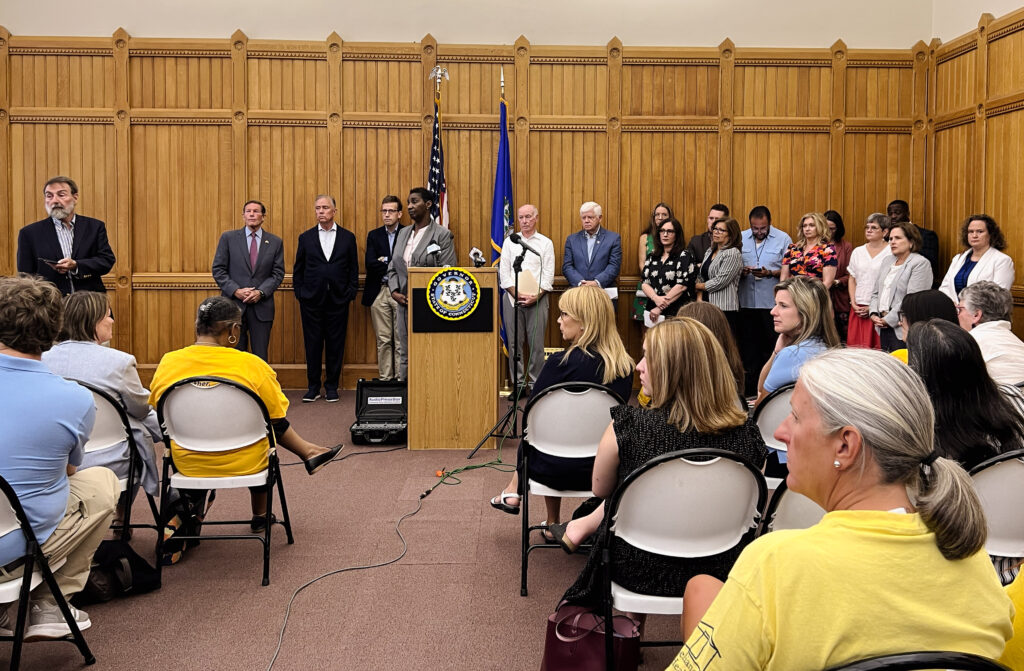 A picture of a news conference at the Legislative Office Building in Hartford, Connecticut